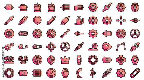 Industrial Robotics Component Icon Set in Gradient Style. A collection of mechanical part linear icons, including gear, motor, robot arm, sensor, wheel, pulley, bearing, joint, piston