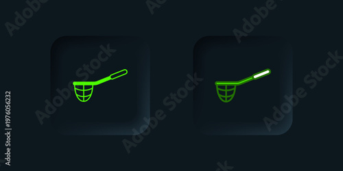 Green Fishing net icon isolated on black background. Fishing tackle. Black square button. Vector