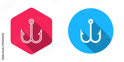 Filled and outline Fishing hook icon isolated with long shadow background. Fishing tackle. Vector