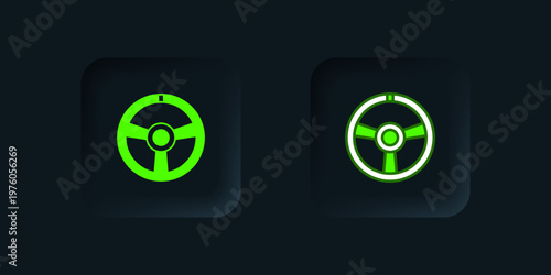 Green Racing steering wheel icon isolated on black background. Car wheel icon. Black square button. Vector
