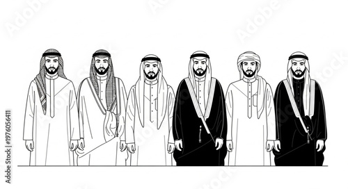 Group of Arab men in traditional attire standing together.