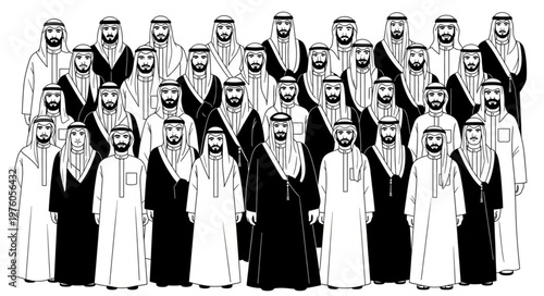 Group of Arab men in traditional attire, standing together.