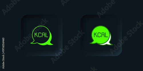 Green Kcal icon isolated on isolated on black background. Health food. Black square button. Vector