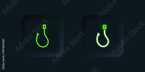 Green Fishing hook icon isolated on black background. Fishing tackle. Black square button. Vector