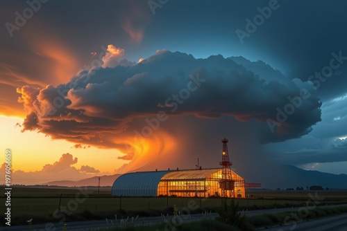 A massive, dark storm cloud shaped like an oil rig hovering over a fragile, brightly lit greenhouse.