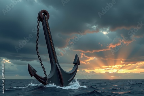A giant, heavy iron anchor suspended mid air against a bruised, stormy sky, dripping seawater onto the hull below.