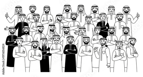 Group of Arab men in traditional attire, standing together.