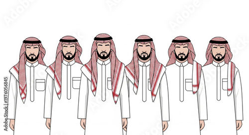 Group of Arab men in traditional attire standing together.
