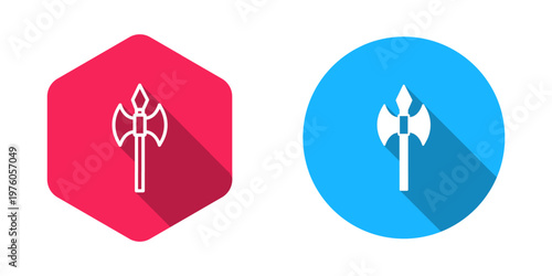 Filled and outline Medieval axe icon isolated with long shadow background. Battle axe, executioner axe. Medieval weapon. Vector
