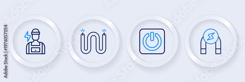 Set line Magnet, Power button, Electric cable and Electrician icon. Vector