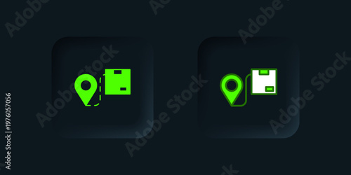 Green Location with cardboard box icon isolated on black background. Delivery services, logistic and transportation, distribution. Black square button. Vector