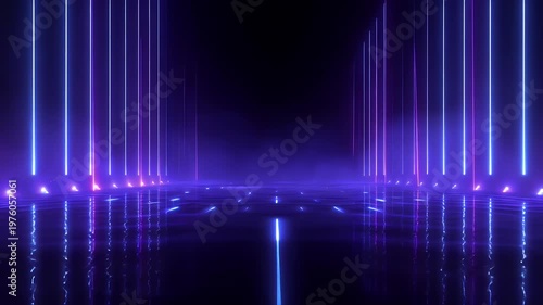 Abstract futuristic neon corridor features vertical blue and purple glowing light beams over dark reflective floor surface creating immersive cinematic sci-fi atmosphere for digital motion.