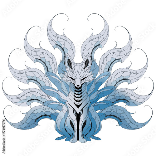 EPS Vector Cybernetic Kitsune Nine Tailed Fox Mythical Creature Robotic Tech Style Blue Metallic Design Graphic Decor