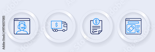 Set line Online shopping on screen, Contract money, Armored truck and Telephone 24 hours support icon. Vector