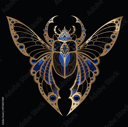 EPS vector illustration ornate gold blue scarab beetle butterfly wings decorative jewel aesthetic graphic luxury icon