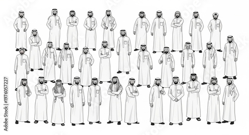 Group of Arab men in traditional attire standing together.