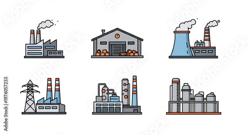 Collection of Industrial Factory and Warehouse Pixel Art Icons.
