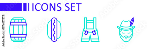 Set line Oktoberfest man, Lederhosen, Hotdog sandwich and Wooden barrel icon. Vector