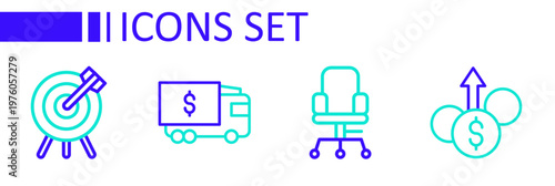 Set line Financial growth dollar, Office chair, Armored truck and Target financial goal icon. Vector