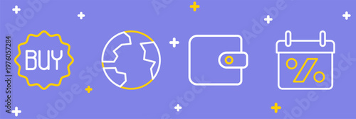 Set line Discount percent tag, Wallet, Worldwide and Buy button icon. Vector