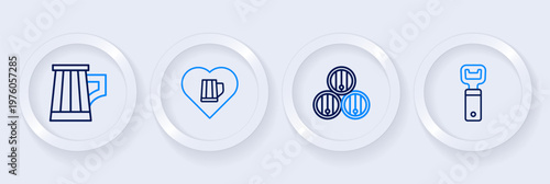 Set line Bottle opener, Wooden barrel, Heart with glass of beer and mug icon. Vector