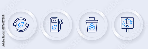 Set line Recycle symbol, Infectious waste, Petrol or gas station and Electric saving plug in leaf icon. Vector