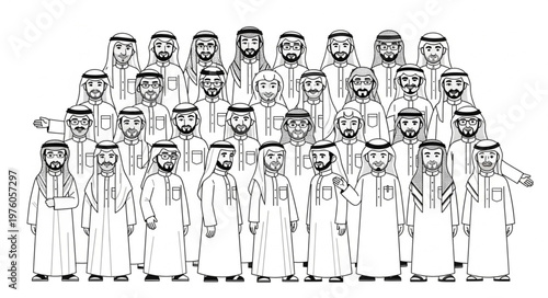 Group of Arab men in traditional attire, standing together.