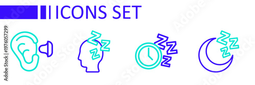 Set line Moon and stars, Alarm clock, Dreams and Earplugs ear icon. Vector