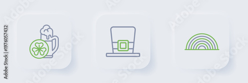 Set line Rainbow, Leprechaun hat and Glass of beer icon. Vector