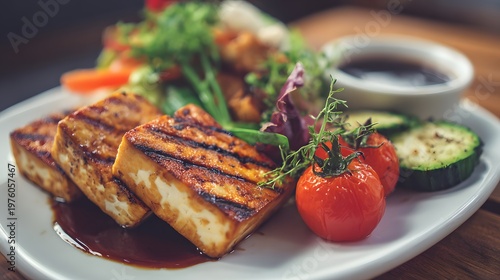 Grilled tofu with fresh vegetables a cozy restaurant experience and culinary delight