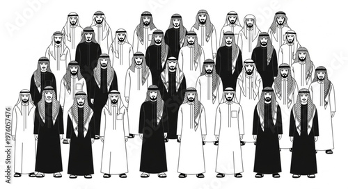 Group of Arab men in traditional attire, standing together.