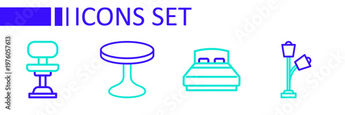 Set line Floor lamp, Big bed, Round table and Office chair icon. Vector