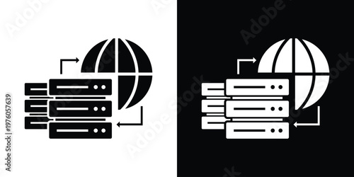 Icon showing network servers connected to a globe with directional arrows. Represents global data transfer, international web hosting, worldwide connectivity, and cloud networking.