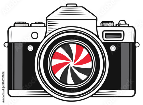 Vintage camera with red and white spiral lens, retro photography equipment drawing in black and white, optical instrument