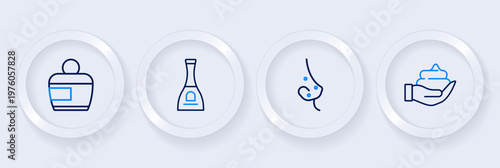 Set line Shaving foam on hand, Acne, Bottle of nail polish and Cream or lotion cosmetic tube icon. Vector