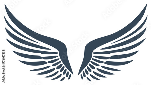 Abstract dark blue stylized bird wings spread symmetrically on white background