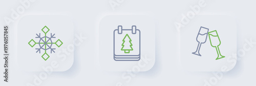 Set line Glass of champagne, Christmas day calendar and Snowflake icon. Vector