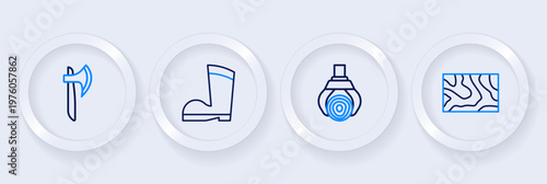 Set line Wooden beam, Grapple crane grabbed log, Waterproof rubber boot and axe icon. Vector