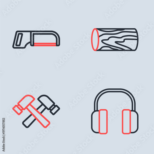 Set line Wooden log, Crossed hammer, Headphones and Hacksaw icon. Vector