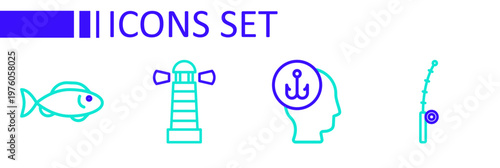 Set line Fishing rod, Camping folding chair, Lighthouse and icon. Vector