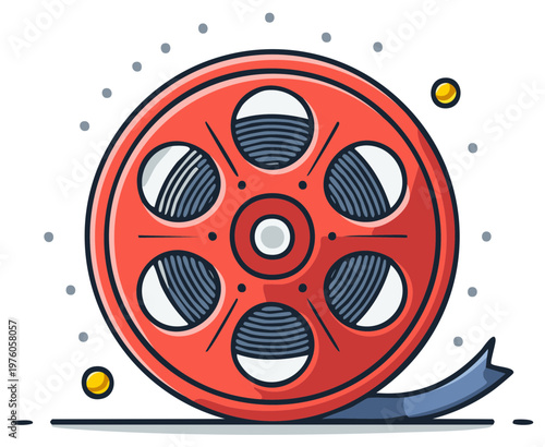 Illustration of a red film reel with film trailing, concept for cinema, entertainment, movie production, and filmmaking