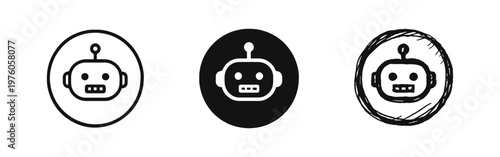 AI Chatbot Robot Face in Circle Icons Set. Artificial Intelligence Avatar and Profile Symbol.