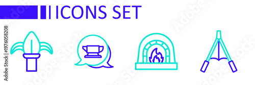 Set line Air blower bellows, Blacksmith oven, anvil tool and Classic iron fence icon. Vector