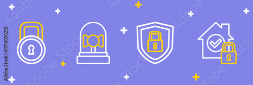 Set line House under protection, Shield security with lock, Ringing alarm bell and Lock icon. Vector