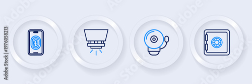 Set line Safe, Ringing alarm bell, Fire sprinkler system and Mobile with fingerprint scanner icon. Vector