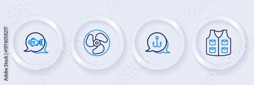 Set line Fishing jacket, hook, Outboard boat motor and icon. Vector