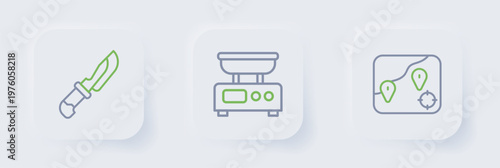 Set line Location fishing, Electronic scales and Knife icon. Vector