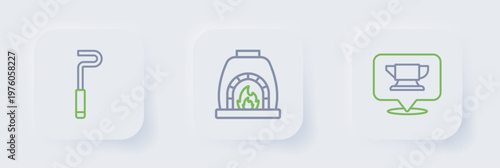 Set line Blacksmith anvil tool, oven and Fire poker icon. Vector