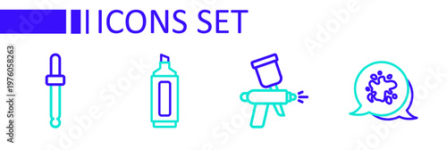 Set line Paint spray, gun, Marker pen and Eyedropper color picker palette icon. Vector