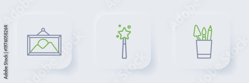 Set line Pencil case stationery, Magic wand and Picture landscape icon. Vector